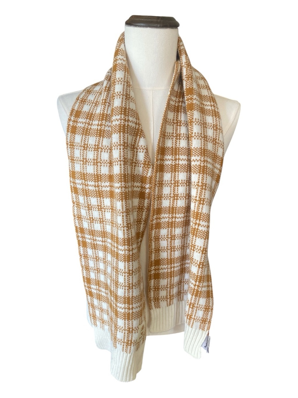 Timberland Brown Cream Plaid Knit Scarf Acrylic Winter Unisex Logo Patch - Picture 2 of 5